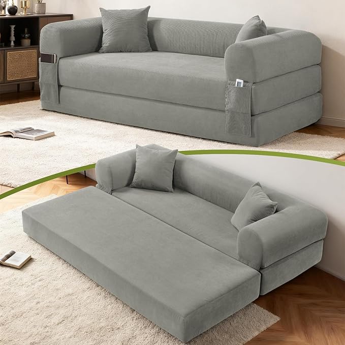 80" Convertible Sofa Bed,Corduroy Folding Sleeper Sofa Bed Queen with Pillows & Storage,Modular Pull Out Couches Boneless Couch for Living Room,Compressed Couch in a Box,Light Gray