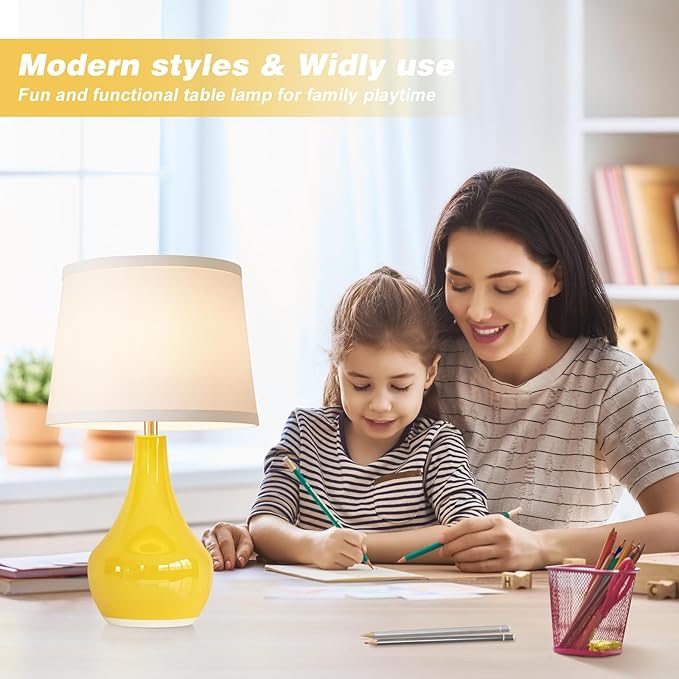 Seealle Modern Ceramic Table Lamps for Night Stands - Bedside Lamps Set of 2 for Nightstand,Yellow Bedroom Lamp for Living Room Cute Desk End Table Office Guest Room Dresser Rocker Swtich