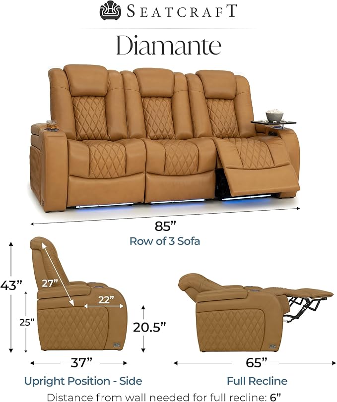 Seatcraft Diamante Zero-Gravity CoolZero Italian Leather Home Theater Seating, Power Headrest, Power Recline, Row of 3 Sofa, Tan Oak