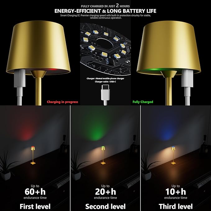 Modern LED Color-Changing Cordless Table lamp, 7 Colors, metal Shade, Touch control with sleep mode for Restaurant, Bedroom, Outdoor Camping, Coffee Shop, Night Light, Rechargeable (Golden 1PACK)