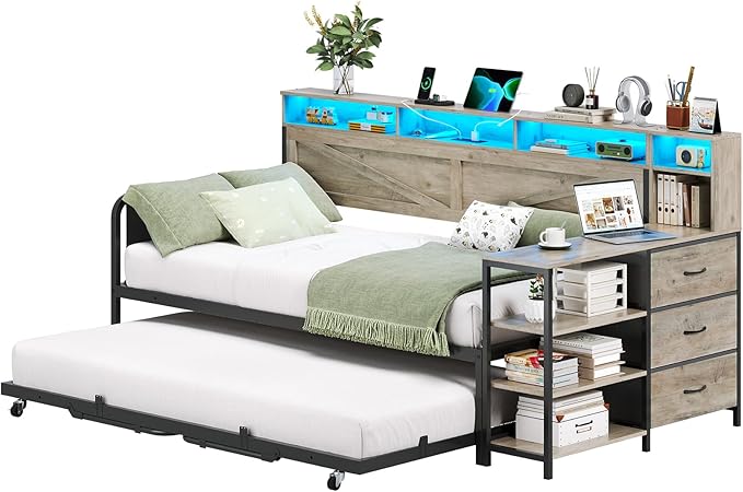 VIAGDO Daybed Twin with Pop Up Trundle, Farmhouse Wooden Day Bed Frame with 3 Storage Drawers and Shelves, Twin to King Daybed with Charging Station and LED Lights for Bedroom, Guest Room, Grey