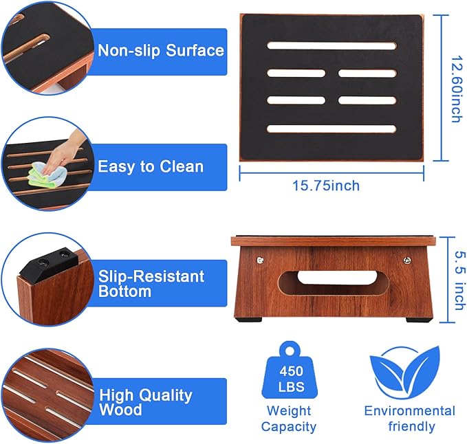 One Step Stool for Adults Seniors with Non-Slip Rubber Stepping Surface, Heavy Duty Wooden Step Stool with 450 LBS Capacity Bed Steps for High Beds, Bathroom, Bedroom, Kitchen & Kids Bedside Support