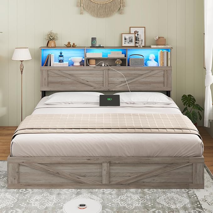 AOGLLATI Farmhouse Queen Bed Frame with 4 Storage Drawers and Led Lights, Wooden Bed Frame Queen Size with Hidden Space Bookcase Headboard and Led Lights & Metal Slats, Grey
