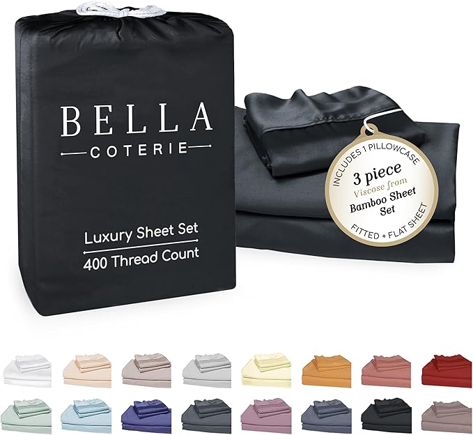 Bella Coterie Luxury Bamboo Viscose Twin XL Size Sheet Set | 100% Organically Grown | Ultra Soft | Cooling for Hot Sleepers | 18" Deep Pocket [Black]