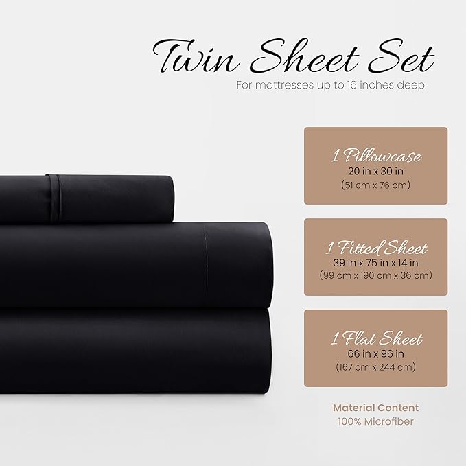 Linen Market Brushed Microfiber Twin Sheet Set 3 Piece – Oeko-TEX Certified Ultra Soft & Wrinkle-Free - 16" Deep Pocket Sheets - Easy Care Twin Size - Black