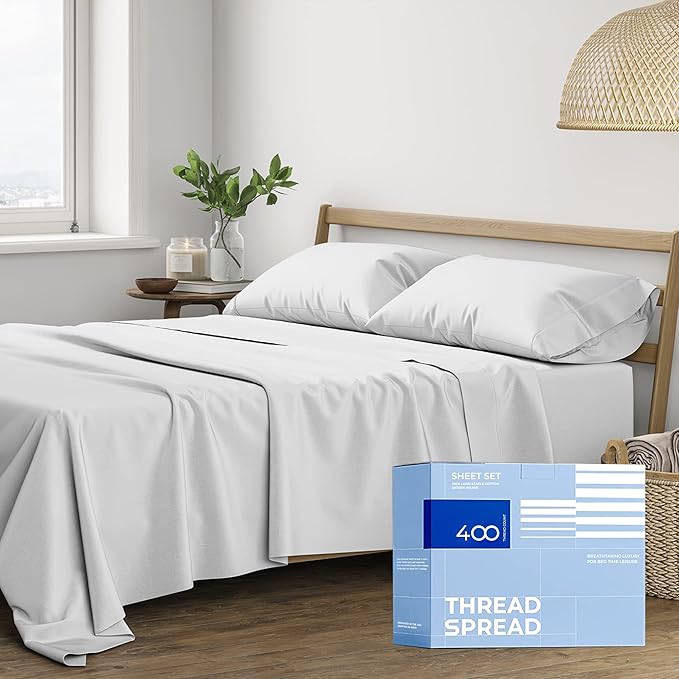 Thread Spread 100% Cotton Queen Sheets Set - 400 Thread Count Queen Size Sheets (4 PC, Silver Grey), 16" Deep Pocket All Around Elastic, Soft, Cooling, Durable & Breathable Sateen Weave Bed Sheet Set