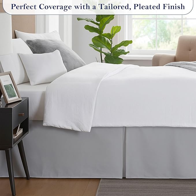 King Bed Skirt, Luxury 21 Inch Drop Light Grey Pleated Bed Skirt, Double Brushed Microfiber, Box Pleat Design, Wrinkle & Fade Resistant, Easy Fit Tailored Bedskirt for King Size Beds