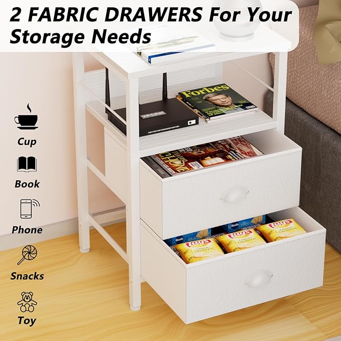 Furologee Nightstand Bedside Table with 2 Fabric Drawers, White Side Table with 2-Tier Shelf, Night Stand with Hooks, for Bedroom, Living Room, Backboard Design, Wooden Top, Metal Frame, White