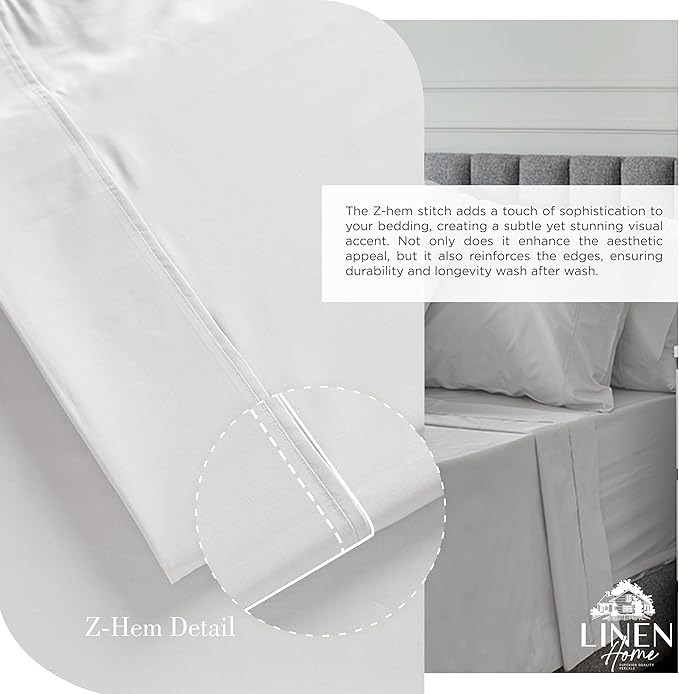 Linen Home 100% Cotton Percale Sheets Full Size, Silver, Deep Pocket, 4 Pieces Set - 1 Flat, 1 Deep Pocket Fitted Sheet and 2 Pillowcases, Crisp Cool and Strong Bed Linen