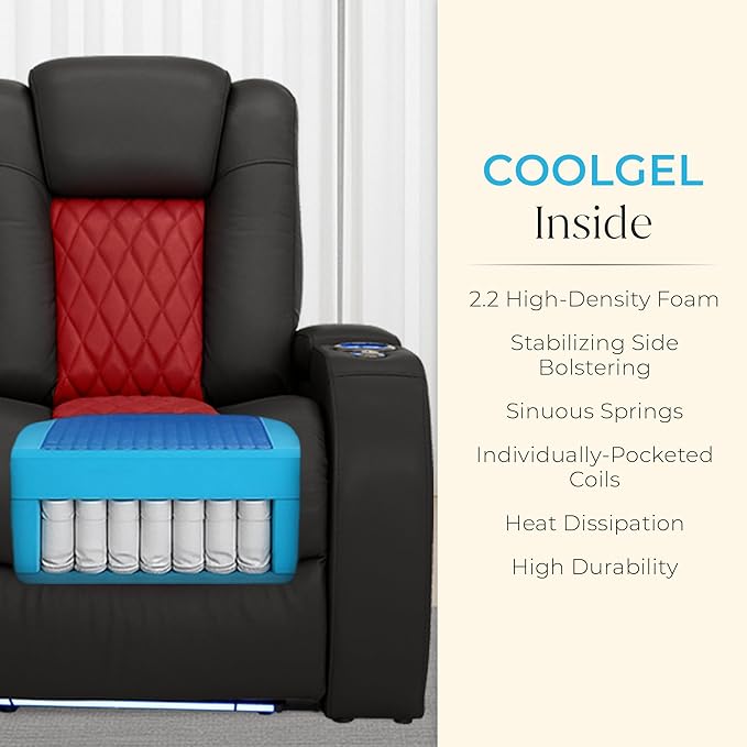 Seatcraft Diamante Zero-Gravity CoolZero Italian Leather Home Theater Seating, Power Headrest, Power Recline, Row of 5 Left Loveseat, Black/Red