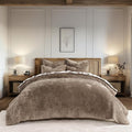 EVERGRACE Velvet Quilt Set Queen Size, Luxurious Soft Striped Channel Bedding Set, Lightweight Velvet Comforter for All Season, Oversized Bedspread Coverlet with 2 Matching Shams, Mocha Brown