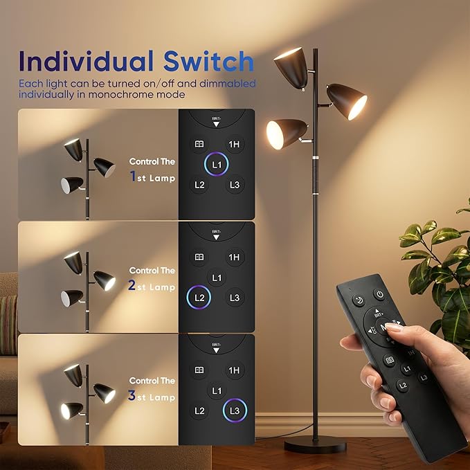 QiMH LED Floor Lamp for Living Room, 36W Modern Standing Lamp with 3 Lights, Tree Floor Lamp for Bedroom with 4 Colors Changing& RGB Mode, Remote and Touch Control Stepless Dimmable Tall Lamp, Black