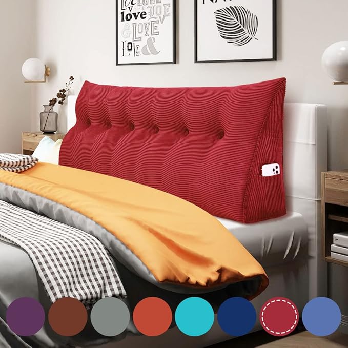 WOWMAX 100% Cotton Corduroy Headboard Pillow – California King Size Back Support Reading Wedge for Bed & Daybed, Plush Handmade Bolster Cushion with Removable Cover, Cozy Bed Rest Pillow, Red