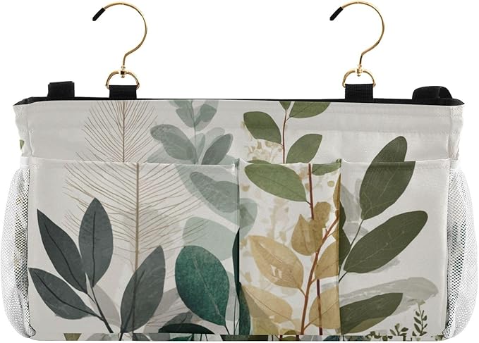 Bedside Caddy Hanging Bunk Bed Caddy Bed Organizer Hanging Pocket with 2 Hooks Bedside Storage Organizer Pocket Bag Holder Beige Boho Style Leaves
