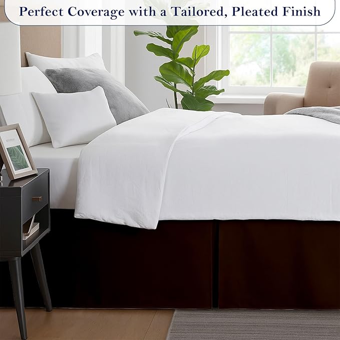 Twin Bed Skirt, Luxury 15 Inch Drop Chocolate Pleated Bed Skirt, Double Brushed Microfiber, Box Pleat Design, Wrinkle & Fade Resistant, Easy Fit Tailored Bedskirt for Twin Size Beds
