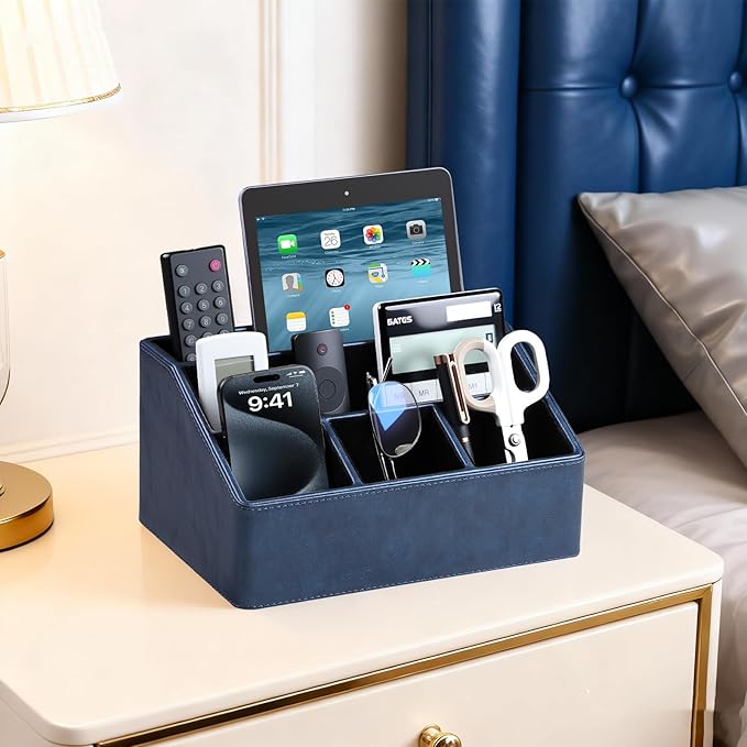 MEIBOOCH PU Leather Desk Organizer, Luxury Remote Control Holder for Home, Office Desk Accessories Table Caddy Bedside Nightstand Organizer (Dark Blue)