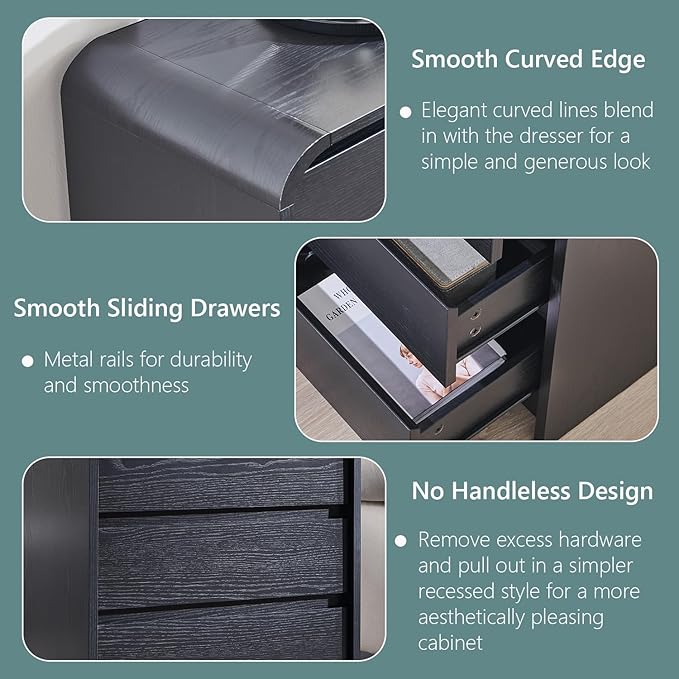 25" Tall Modern Nightstand with Charging Station, 23.6'' Wide Wood Bedside Table w/3 Storage Drawers, Small Dresser w/Curved Profile Design, End Table for Bedroom, Black