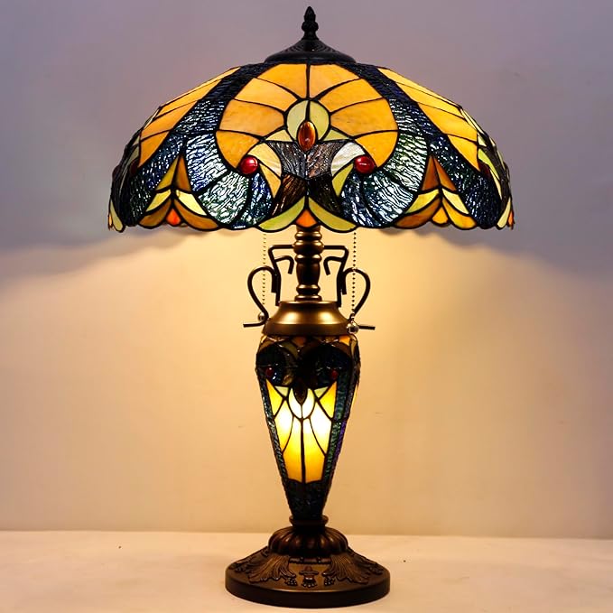 WERFACTORY Tiffany Lamp Yellow Stained Glass Liaison Mather-Daughter Vase Table Lamp 16X16X24 Inch Antique Desk Reading Light Decor Bedroom Living Room Home Office S160E Series
