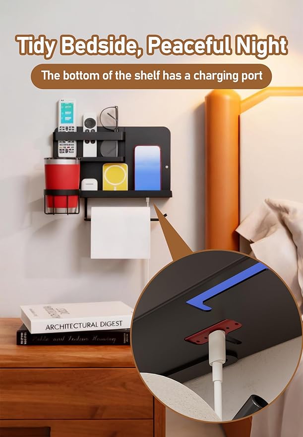 Bedside Wall Organizer Metal Shelf with Cup & Tissue Holder – Waterproof Wall Storage Rack for Dorm Room, Bathroom, Kitchen, and Office (Black)