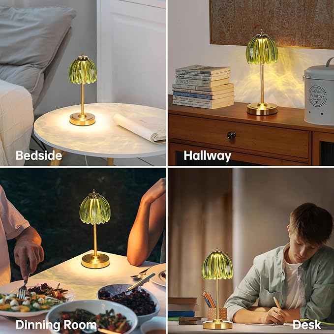 Tulip Table Lamp with 5000mAh Battery & Touch Control, Small Cordless Table Lamp with 3 Colors, Dimmable Rechargeable Battery Operated Table Lamps for Bedroom, Bedside, Desk (Green Tulip)