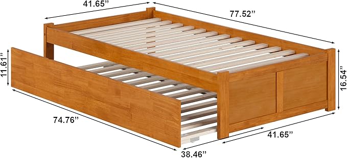 AFI Concord Twin Solid Wood Platform Bed with Footboard & Twin Trundle in Light Toffee
