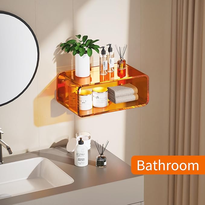 Acrylic Floating Nightstand, Bedside Table, Nightstand Shelf Wall Mounted Bedside Shelf (Orange, Small)