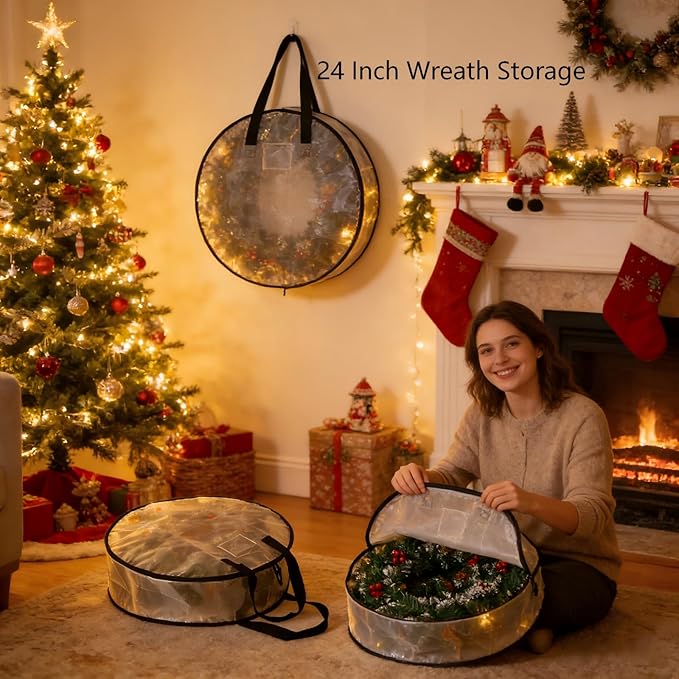 2 Pack Wreath Storage Bag, Summer, Christmas Decoration Garland Container, 24 Inch Clear Door Wreath Organizers, Moving Boxes, Packing Supplies for College