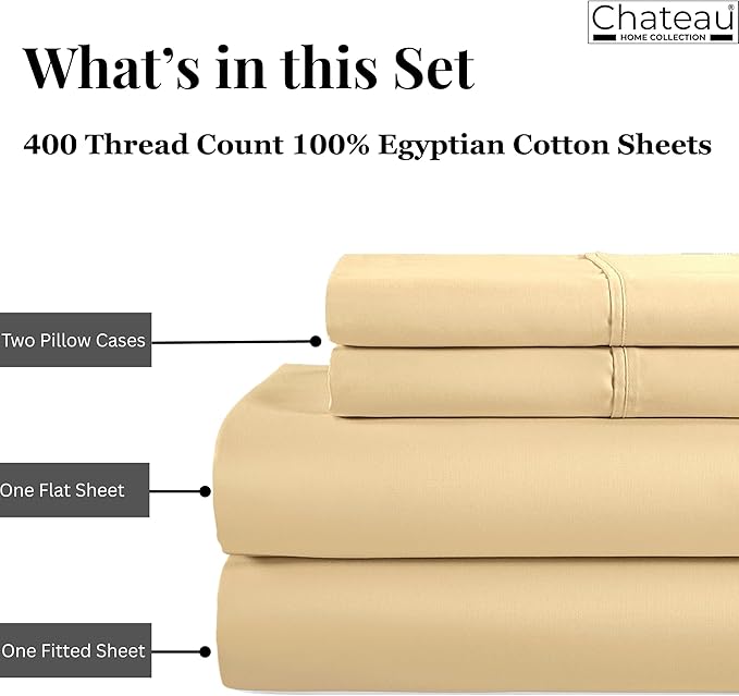 CHATEAU HOME COLLECTION 400 Thread Count Cotton Bed Sheets King Size, 15" Deep Pocket King Sheet Set, 4 Piece Naturally Cool Soft Sateen Weave Machine Washable Fully Elasticated- Semolina