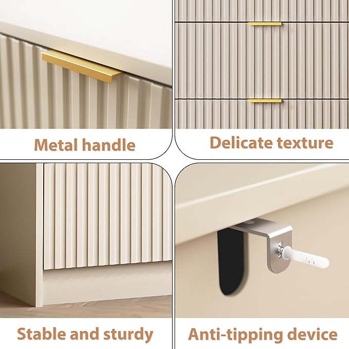Beige 9 Drawer Dresser for Bedroom, 63" Wide Modern Fluted Dresser with Gold Metal Handles, Chest of Drawers for Bedroom, Living Room, Entryway, Hallway