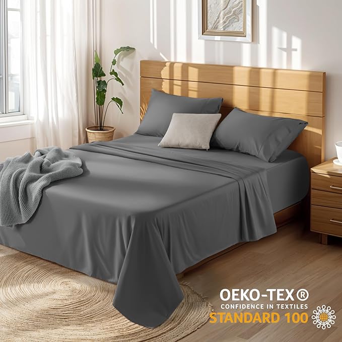 LBRO2M 100% Cotton Sheets Set Deep Pocket 19", 1000 Thread Count California King Size 4 Piece Bed Sheet Sets Soft Comfortable Bedding All Season (California King, Dark Grey)