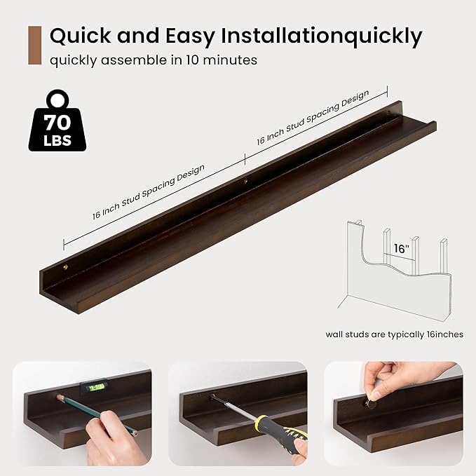 Picture Ledge Shelf, Floating Shelves Set of 2, 36 Inches Solid Wood Nursery Book Shelves for Toys Storage, Kids Bookshelf Wall Mounted for Living Room Bedroom Decor Books Photo Frames, Walnut