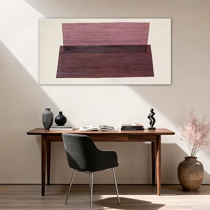YETHEN WAL Neutral Burgundy Mauve Abstract Wall Art, Hand-Painted Textured Geometric Stripe Canvas Painting, Earth-Tone Minimalist Artwork for Living Room Bedroom Office 20x40 Inch