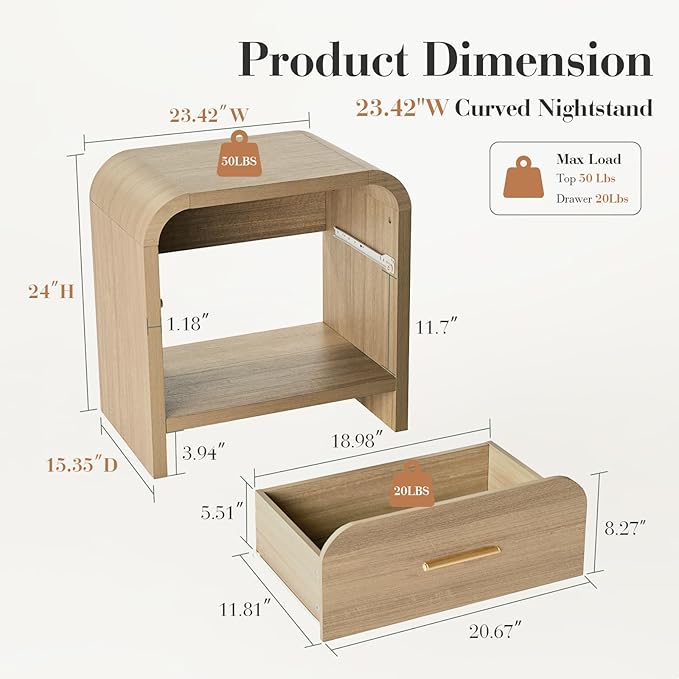 Night Stand Set of 2 [Unique Curved Profile] [FSC-Certified Wooden Board] 1-Drawer and 1 Storage Shelf Nightstand 24" H Metal Handle Modern Bedside Table Side Table End Table for Bedroom