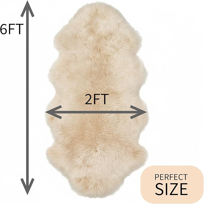 Premium Champagne Sheepskin Rug Genuine Double 2x6ft Pelt Fluffy Fur Rug for Bedrooms