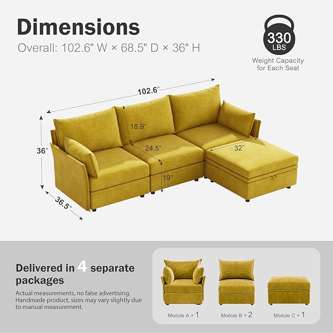 ABCASA 102.6" Modular Sectional Sofa, L Shaped Couch Set for Living Room, 3-Seater Comfy Cloud Couches with Movable Storage Ottoman,DIY Combination - Chenille Yellow