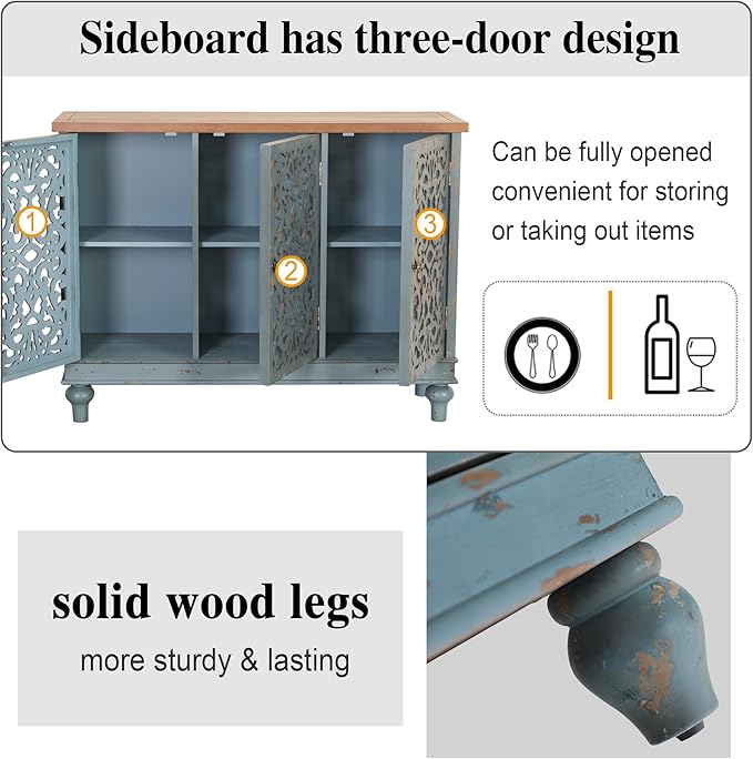 PHI VILLA Accent Cabinet with Doors - Buffet Sideboard Distressed Cupboard for Living Room/Dining Room/Hallway, Blue Storage Cabinet