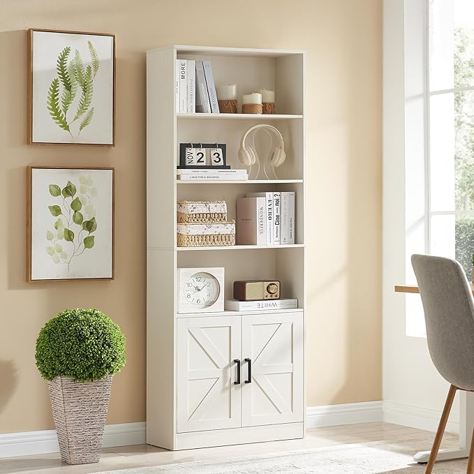 70in Tall Bookshelf 6 Tier Bookcase with Barn Doors and Adjustable Shelf, White Farmhouse Book Shelves with Storage Cabinet,Wood Floorstanding Display Bookshelve for Bedroom,Living Room,2 Piece