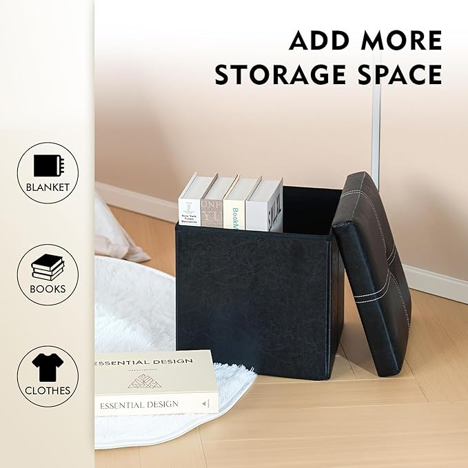 B FSOBEIIALEO Storage Ottoman with Faux Leather Foldable Small Square Foot Rest Coffee Table Black 11.8"X 11.8" X 11.8"