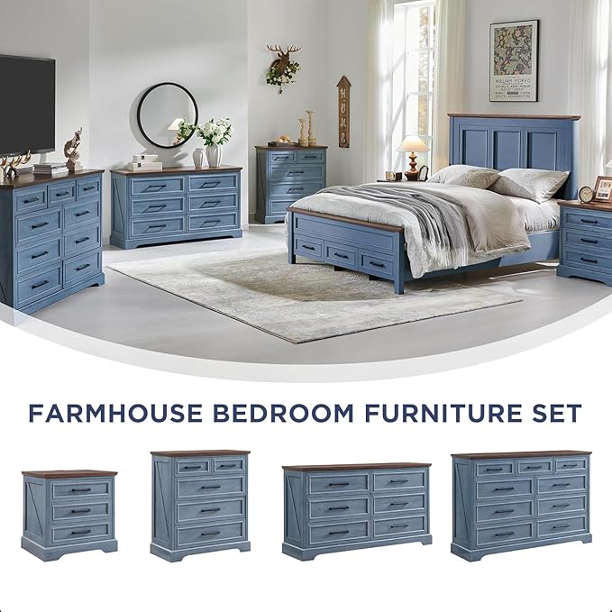 JXQTLINGMU Farmhouse 6 Drawers Dresser for Bedroom, 52'' Wide Large Wood Dressers with Bar Handles, Chests of Drawers with Storage Dressers Organizer for Bedroom, Hallway, Blue