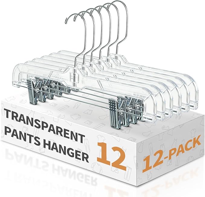 12 Pack Premium Clear Pants Hangers, Plastic Hangers with Adjustable Clips Non-Slip Clip 360° Swivel Hook for Pants, Trousers