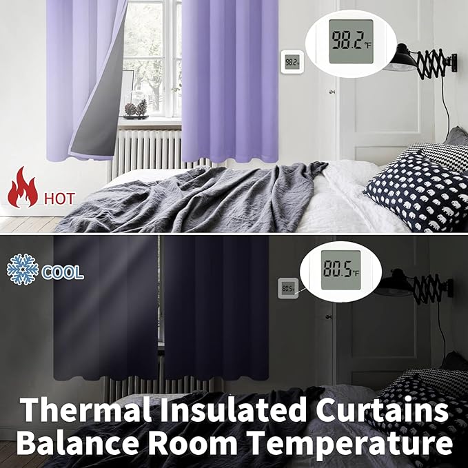 BGment Thermal Insulated 100% Blackout Curtains for Bedroom with Black Liner, Double Layer Full Room Darkening Noise Reducing Grommet Curtain (42 x 45 Inch, Lavender, 2 Panels)