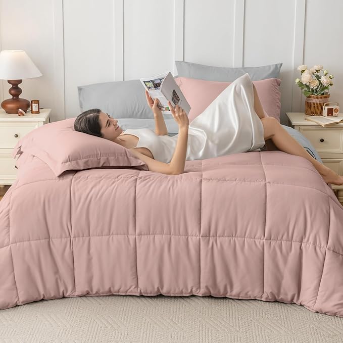 JOLLYVOGUE Queen Comforter Set, Ultra-Soft Bed in a Bag Queen Size 7 Pieces, Oeko-TEX Certified Bedding Set with Down Alternative Comforter, Sheets, Pillowcases & Shams, Pink & Light Grey