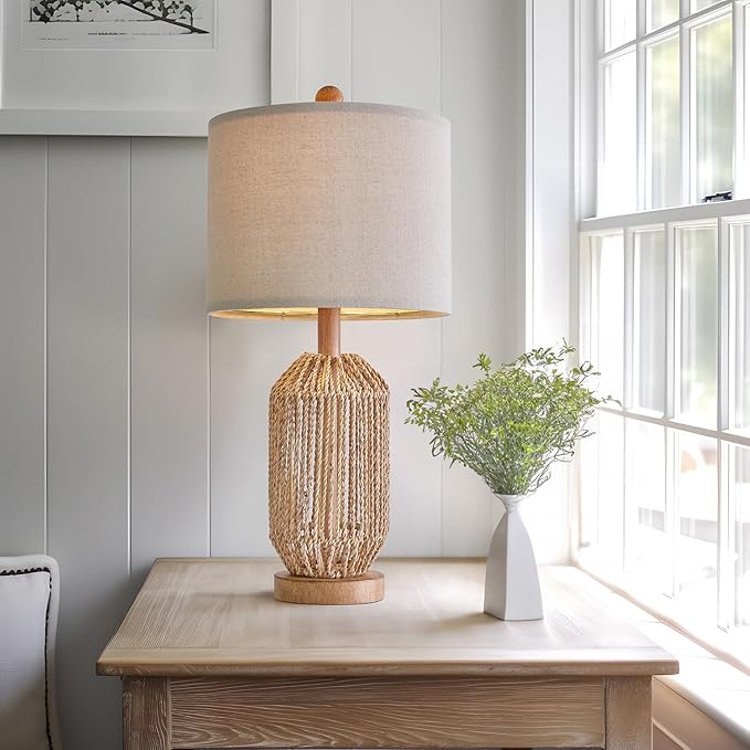 OYEARS 21" Boho Table Lamp for Living Room, Bedside Lamp for Nightstands, Rattan Lamp for Bedroom, Farmhouse Table Lamp for Room Decor, End Table, Retro, Brown, 1 Pack