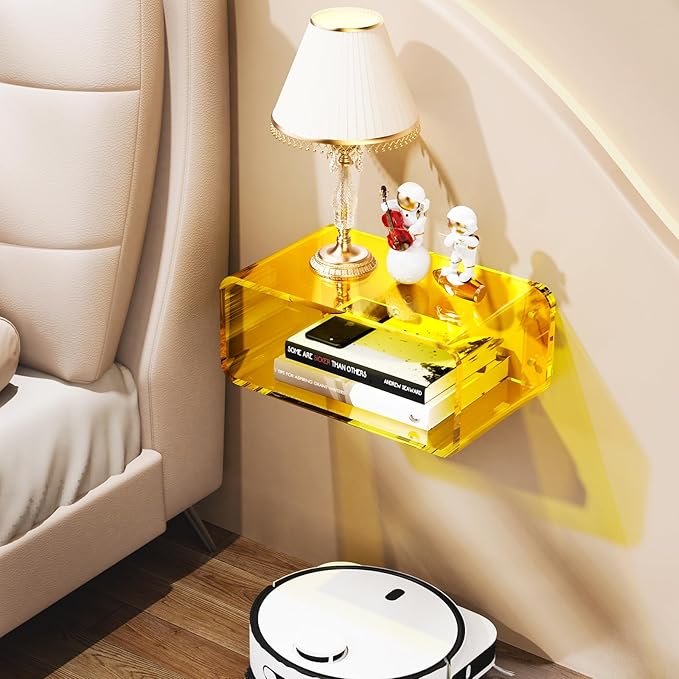Acrylic Floating Nightstand, Bedside Table, Nightstand Shelf Wall Mounted Bedside Shelf (Yellow, Small)