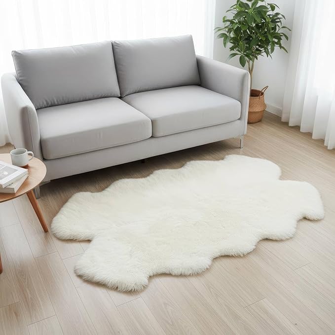 Premium Fluffy Sheepskin Rug - Four Pelt Fur Rugs for Living Room, Bedroom or Fireplace - Natural Sheep Skin, Shaggy - Irregular Shaped Genuine Fuzzy Feel - 4ft x 6ft
