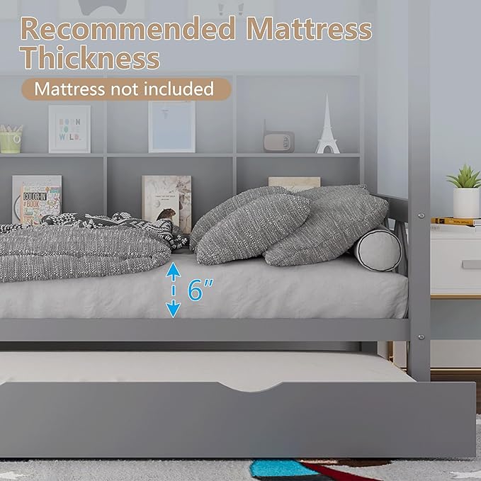 Twin House Bed with Trundle Bed and Roof for Kids, Wooden Twin Size Bed Frame with Storage Shelves Guardrails Wood Slats, Headboard for Boys Girls, No Box Spring Required, Gray