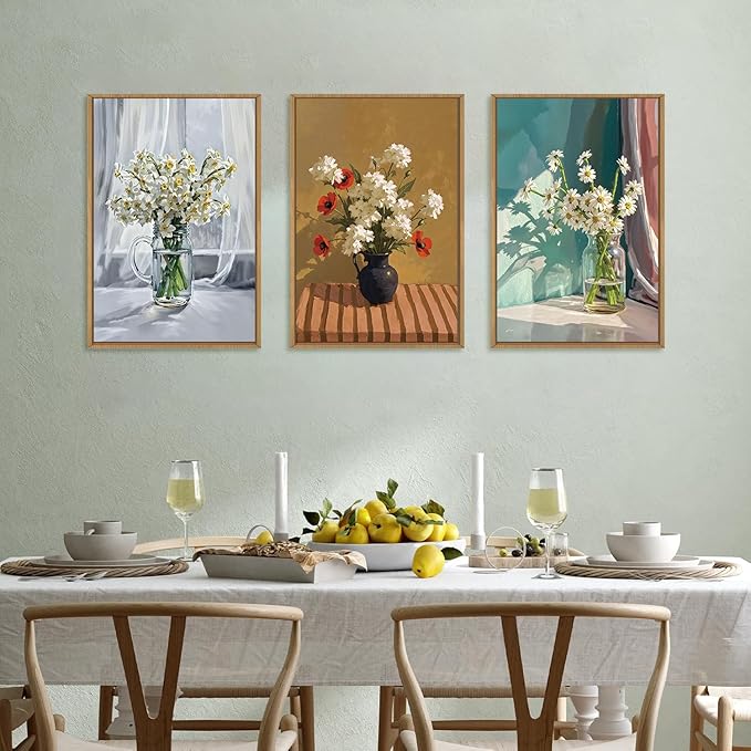 LHIUEM Large Vintage Botanical Floral Framed Canvas Wall Art Set,Boho White Daisy Vase Wall Decor,Modern Flower Sunshine Prints,Rustic Wildflower Artwork for Living Room,Bedroom,Dining Room,Office -16"x24"x3