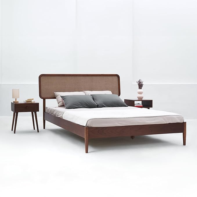 NTC Lupin Wooden Bed Frame with Headboard, Crafted from Walnut, Rubber Wood with Silent Slats and Wood Central Supports, 1000 Lb Capacity, Effortless Assembly, King - Dark Walnut
