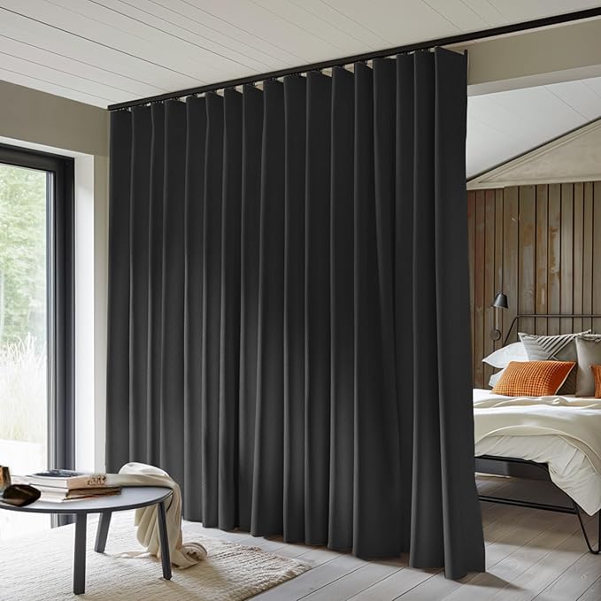 Room Divider Curtains Total Blackout Privacy Curtain Panel Room Thermal Insulated Noise Reduction Curtains for Bedroom Window Living Room Ceiling Track Curtain W 10 ft × H 8 ft Black