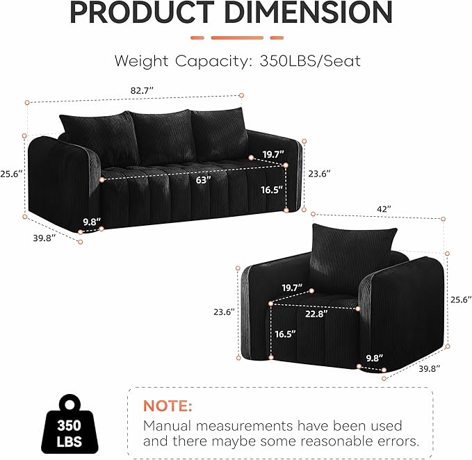 Corduroy Boneless Living Room Sets, Modern Upholstered 3 Seater Sofa with 2 Signle Accent Chairs, Comfy Deep Seat Cloud Sofa Couch Sets for Living Room, Black